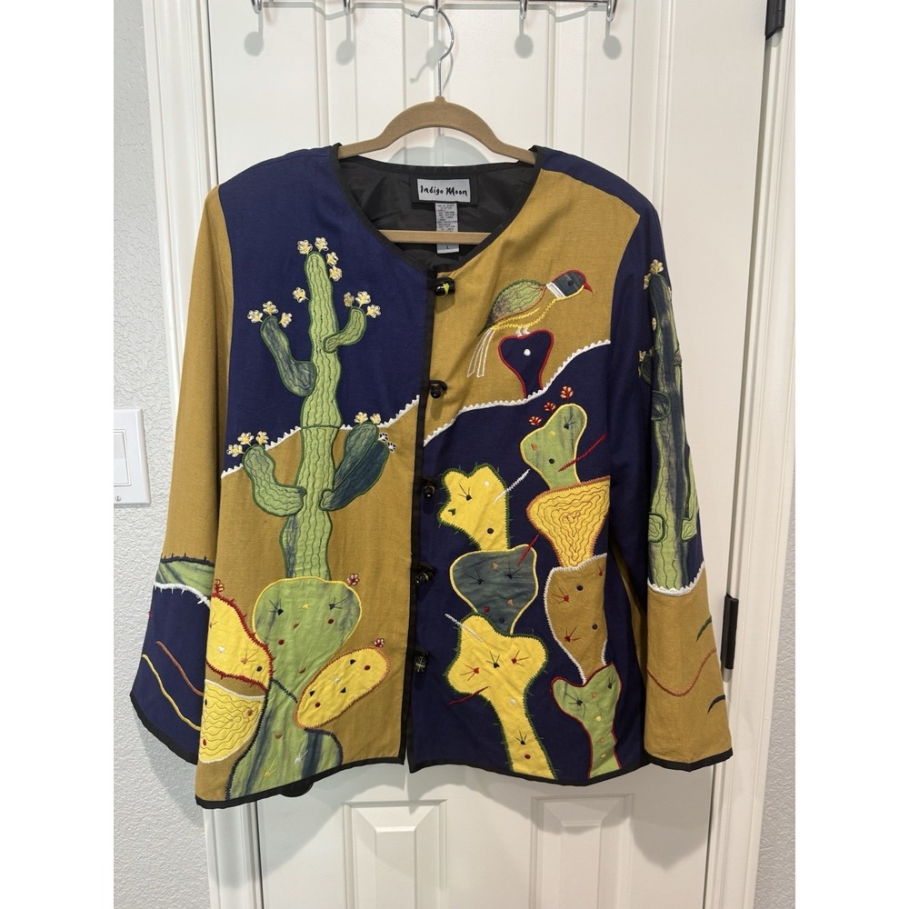 Quilted Jacket VTG Desert Southwest Quail Patchwork Funky XL Cotton Linen Cactus